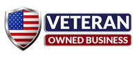 Veteran owned business logo with shield and american flag.